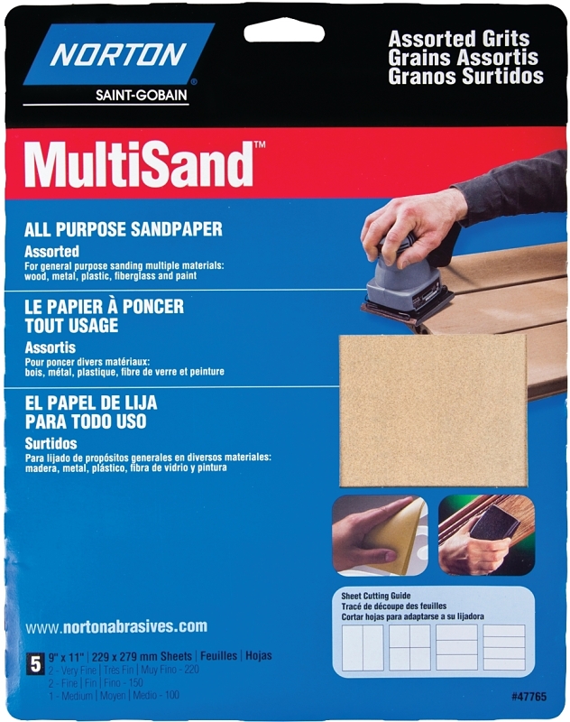 NORTON MultiSand 07660747765 Sanding Sheet, 11 in L, 9 in W, Aluminum Oxide Abrasive, Paper Backing