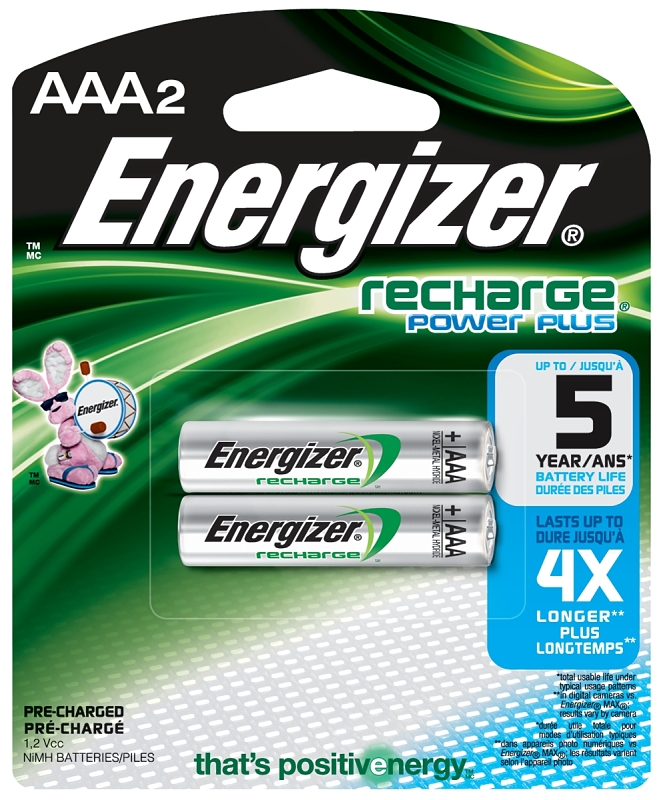 Energizer NH12BP-2 Rechargeable Battery, 1.2 V Battery, 850 mAh, AAA Battery, Nickel-Metal Hydride, Black