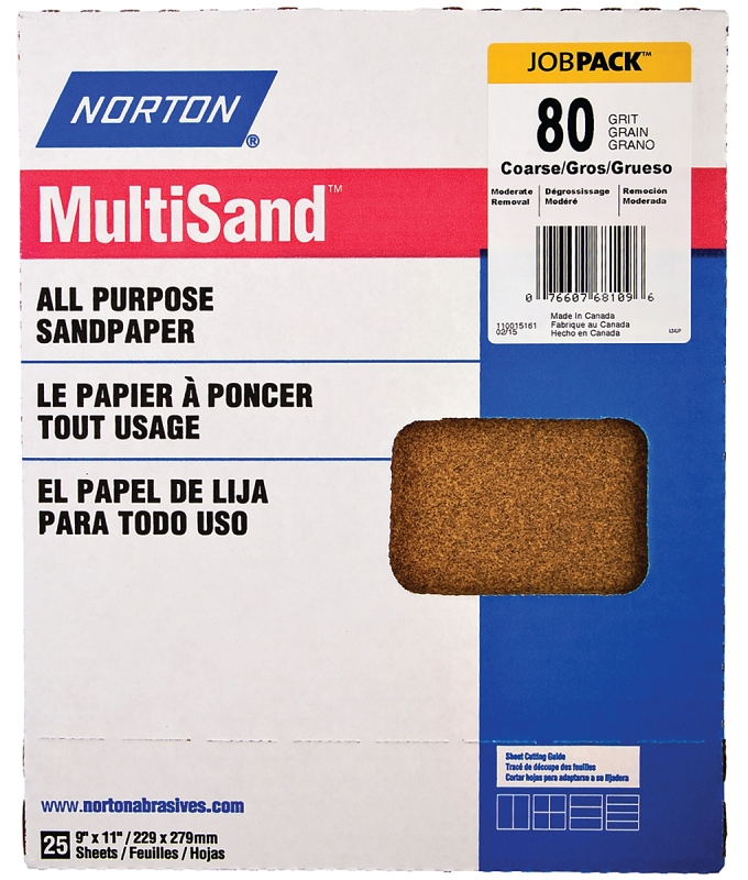 NORTON Adalox 07660700151 Sanding Sheet, 11 in L, 9 in W, Coarse, 80 Grit, Aluminum Oxide Abrasive, Paper Backing