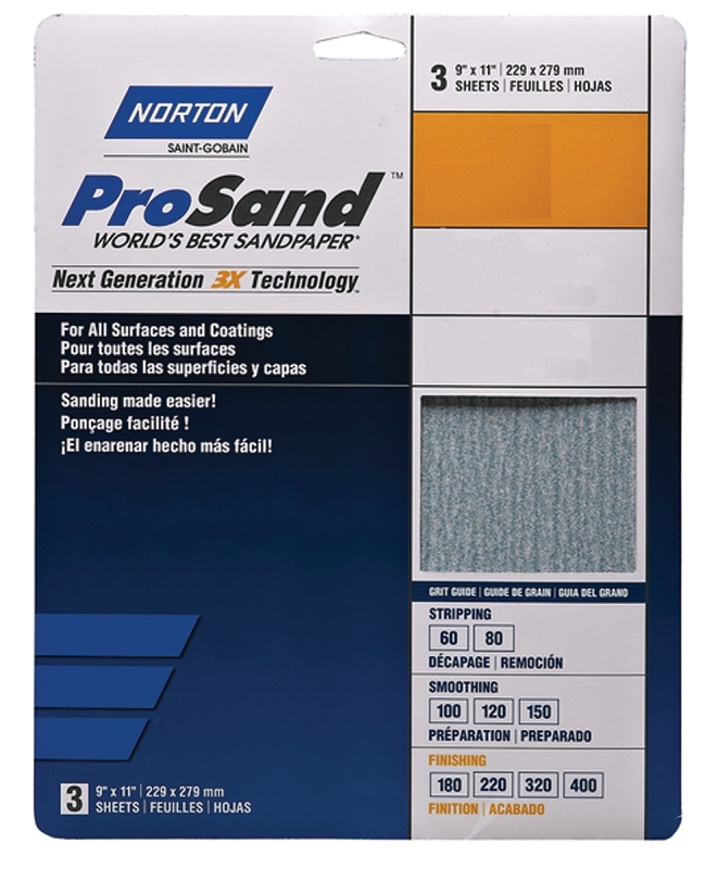 NORTON ProSand 07660702625 Sanding Sheet, 11 in L, 9 in W, Very Fine, 220 Grit, Aluminum Oxide Abrasive