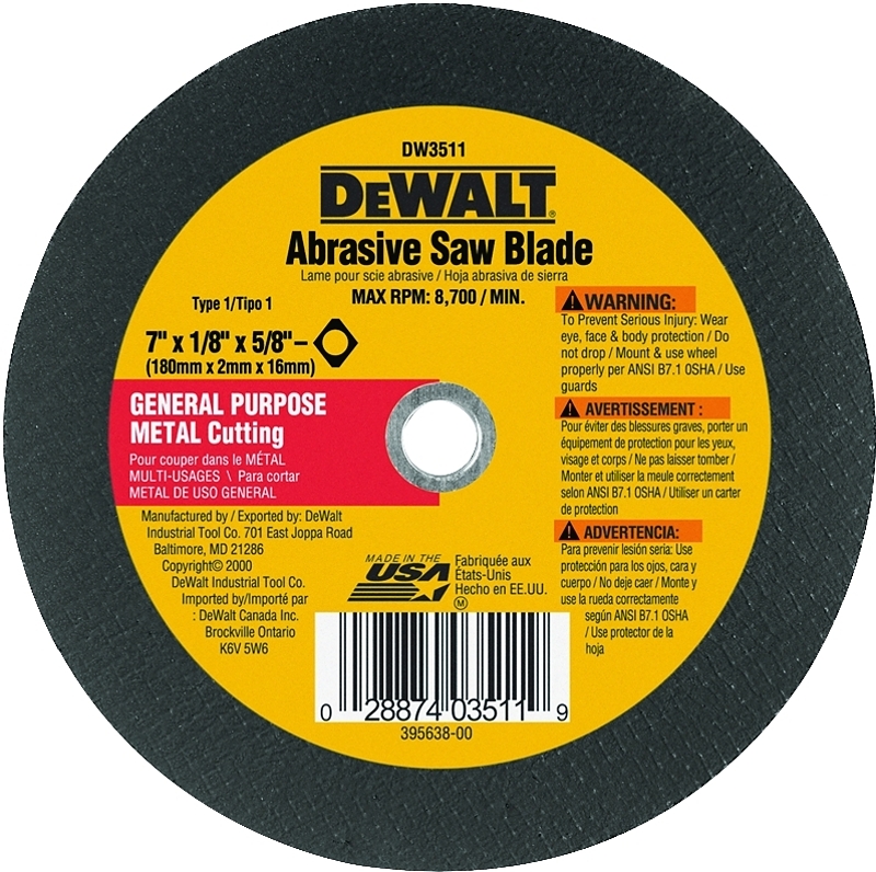DeWALT HIGH PERFORMANCE DW3511 Abrasive Saw Blade, 7 in Dia, 5/8 in Arbor, Aluminum Oxide Cutting Edge