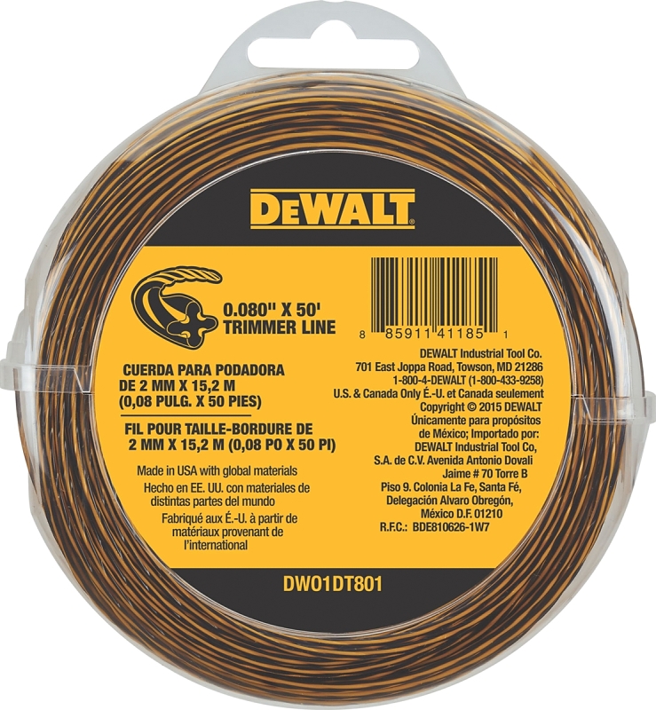 DeWALT DWO1DT801 Trimmer Line, 0.08 in Dia, 50 ft L, Yellow