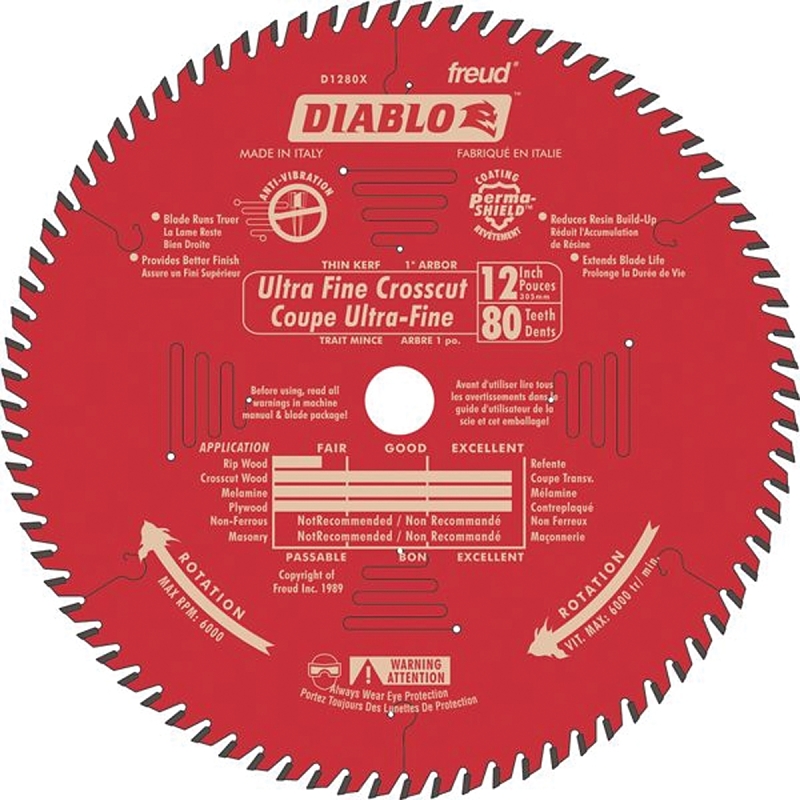 Diablo D1280X Circular Saw Blade, 12 in Dia, 1 in Arbor, 80-Teeth, Carbide Cutting Edge