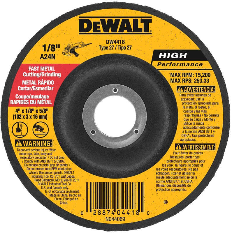 DeWALT DW4418 Grinding Wheel, 4 in Dia, 1/8 in Thick, 5/8 in Arbor, 24 Grit, Very Coarse, Aluminum Oxide Abrasive