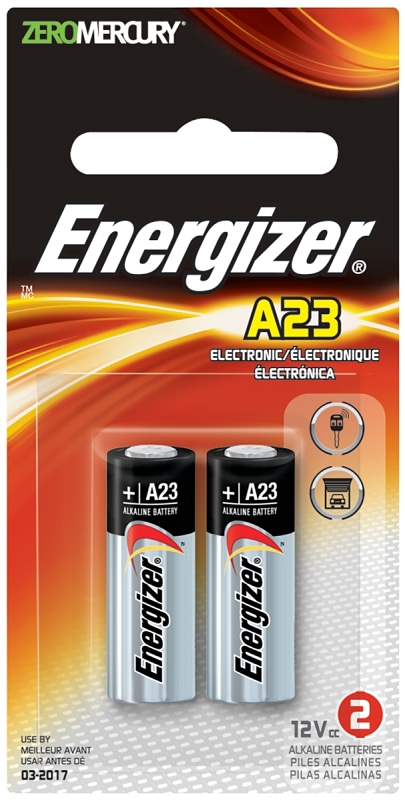 Energizer A23 A23BPZ-2 Battery, 12 V Battery, 55 mAh, Alkaline, Manganese Dioxide