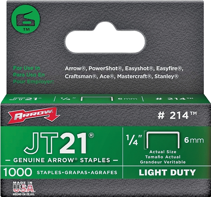 Arrow JT21 Series 214 Flat Crown Staple, 1/4 in W Crown, 1/4 in L Leg, 0.03 ga Gauge