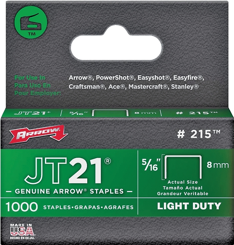Arrow 215 Staple, 7/16 in W Crown, 5/16 in L Leg, Steel, 0.03 ga Gauge