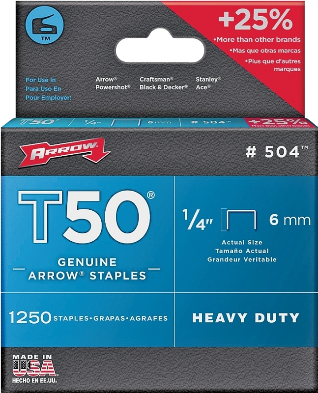 Arrow T50 Series 50424 Flat Crown Staple, 3/8 in W Crown, 1/4 in L Leg