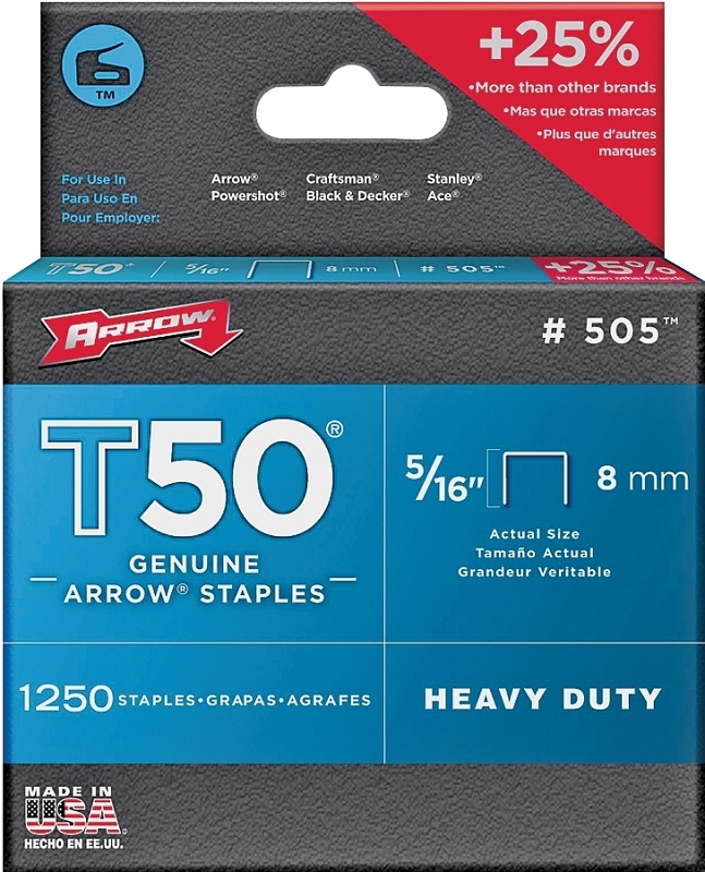 Arrow T50 Series 50524 Flat Crown Staple, 3/8 in W Crown, 5/16 in L Leg