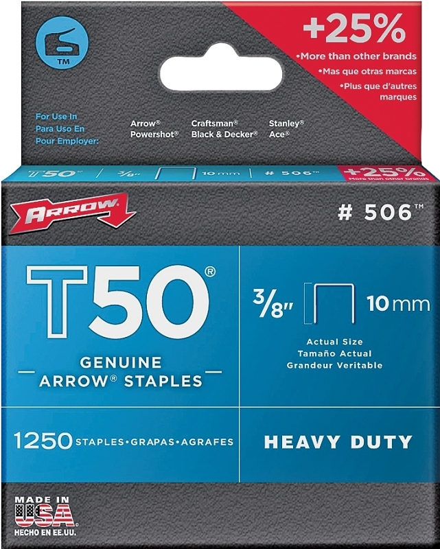 Arrow T50 Series 50624 Flat Crown Staple, 3/8 in W Crown, 3/8 in L Leg