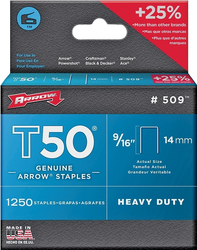 Arrow T50 Series 50924 Flat Crown Staple, 3/8 in W Crown, 9/16 in L Leg