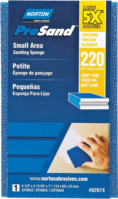 NORTON ProSand 82074 Sanding Sponge, 4-1/2 in L, 2-11/16 in W, 220 Grit, Extra Fine, Aluminum Oxide Abrasive
