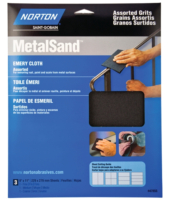 NORTON MetalSand 07660747855 Sanding Sheet, 11 in L, 9 in W, Emery Abrasive, Cloth Backing