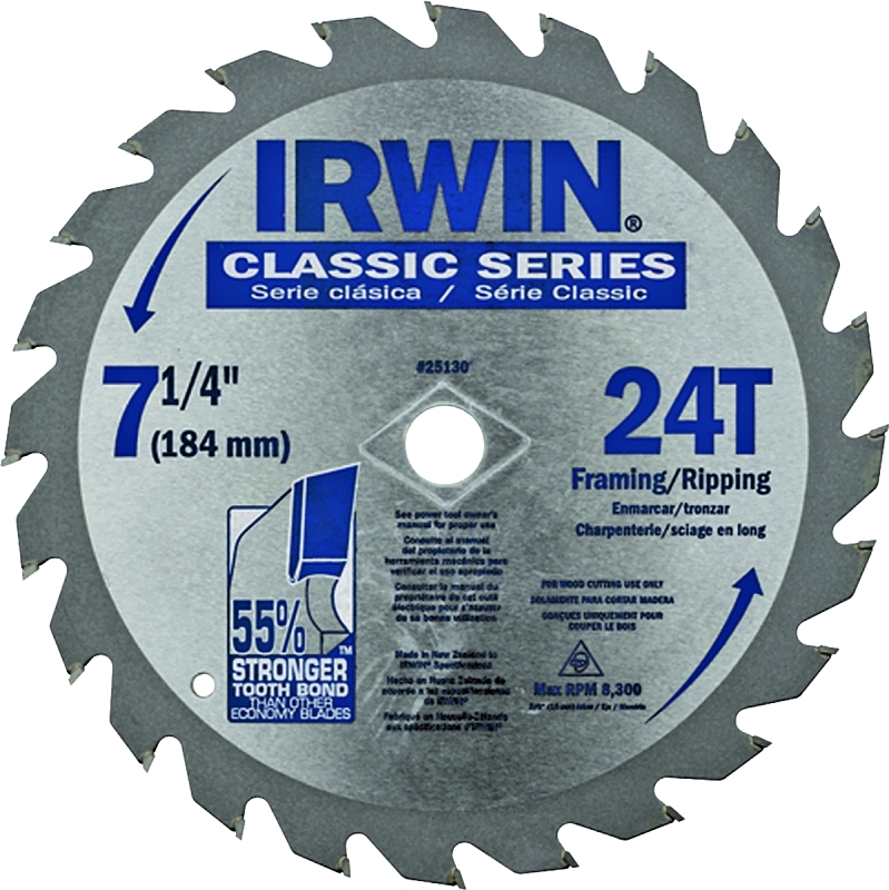 IRWIN 25130 Circular Saw Blade, 7-1/4 in Dia, 5/8 in Arbor, 24-Teeth, Carbide Cutting Edge