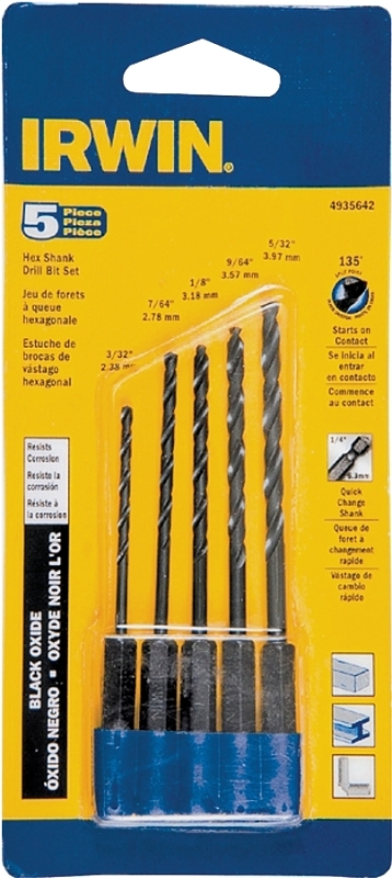 IRWIN 4935642 Jobber Length Drill Bit Set, Heavy-Duty, 5-Piece, Steel, Black Oxide