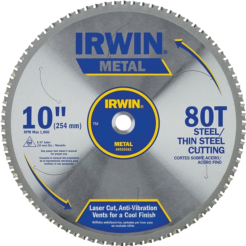 IRWIN 4935561 Blade, 10 in Dia, 5/8 in Arbor, 80-Teeth, Carbide Cutting Edge