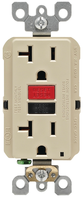 Leviton R99-GFNT2-0RI GFCI Duplex Receptacle, Polycarbonate, Ivory, 2-Pole, 20 A, 125 V, Wall Mounting