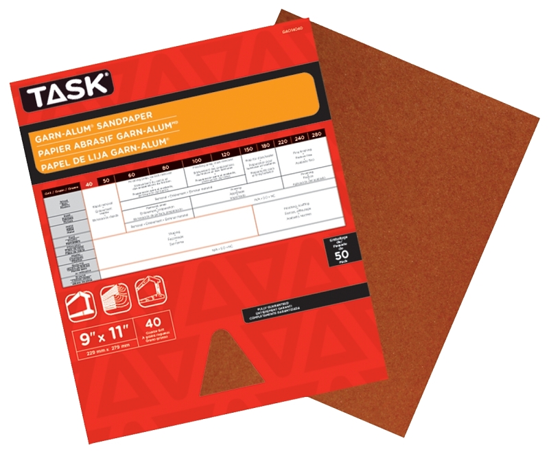 TASK Garn-Alum GAO14040 Sandpaper, 11 in L, 9 in W, Coarse, 40 Grit, Aluminum Oxide Abrasive, Kraft Paper Backing