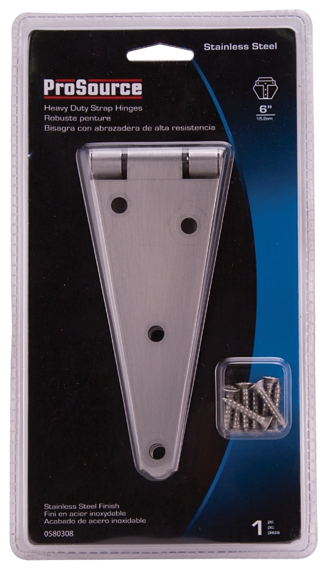 ProSource HSH-S06-C2PS Heavy Duty Strap Hinge, 2.6 mm Thick Leaf, 6 in, Brushed Stainless Steel, 180 Range of Motion