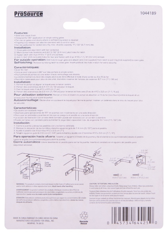 ProSource 33199PKS-PS Gate Latch, 3/8 in Bolt Head, 2 in L Bolt, Steel, Powder-Coated