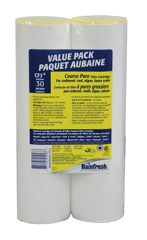 Rainfresh CF3-8 Water Filter Cartridge, For: FC100, FC350, FC355 Rainfresh Standard Filter Housings, 9-3/4 in H