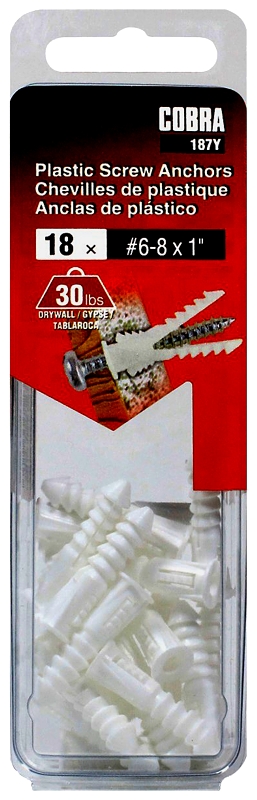 Cobra Anchors 187Y Screw Anchor, 1 in L, Plastic, 100 lb