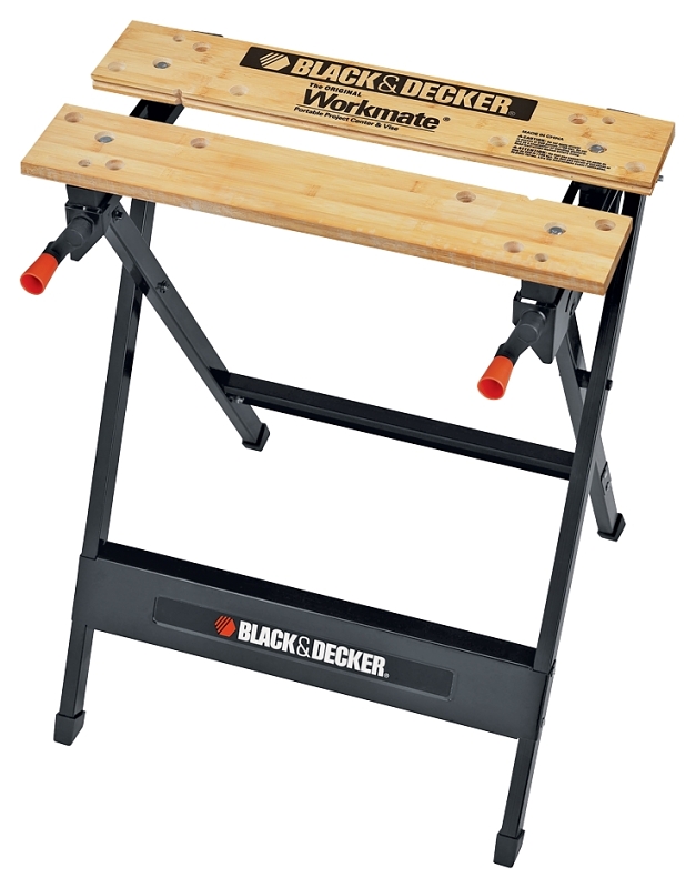 Black+Decker WM125 Portable Project Center and Vise, 29-3/4 in OAH, 350 lb Capacity, Black, Wood Tabletop