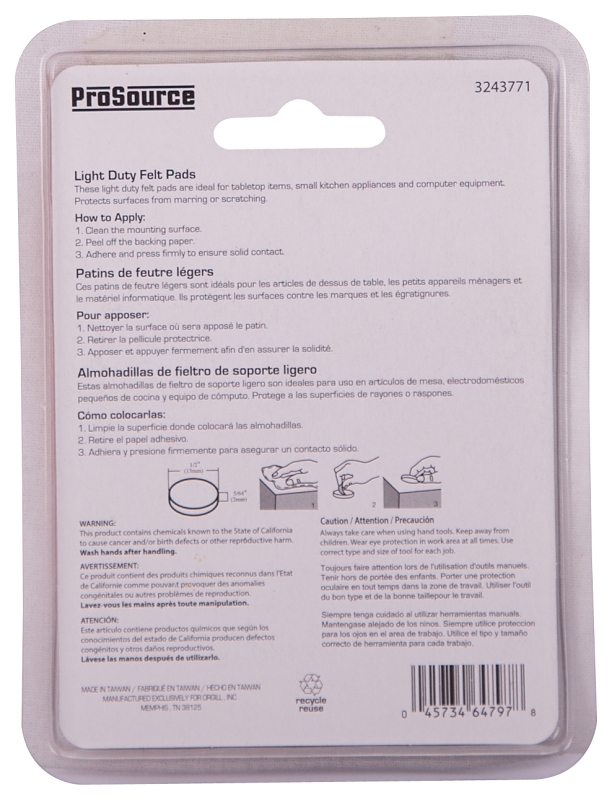 ProSource FE-50230-PS Furniture Pad, Felt Cloth, White, 1/2 in Dia, 5/64 in Thick, Round