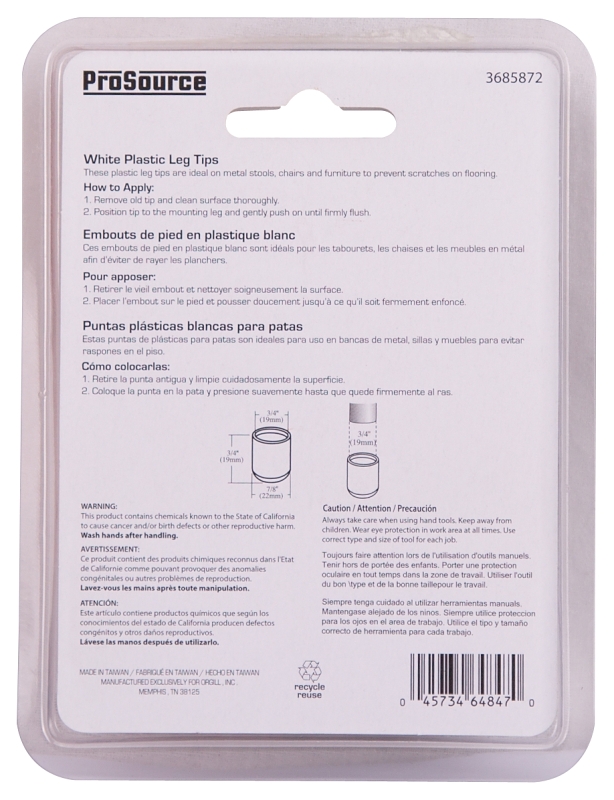 ProSource FE-50613-PS Furniture Leg Tip, Round, Plastic, White, 3/4 in Dia, 3/4 in H