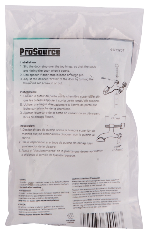 ProSource H20-B043-PS Deluxe Hinge Pin Door Stop, 2-5/8 in Projection, Die-Cast Zinc & Plastic, Satin Nickel