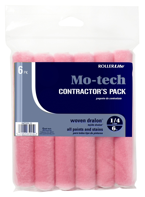 RollerLite 6MT025-6 Roller Cover, Pink, 1/4 in Thick Nap, 6 in L, Dralon Cover, 6/PK