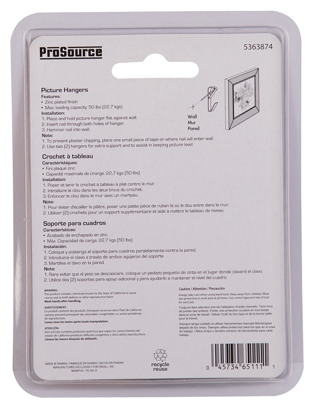 ProSource PH-121050-PS Picture Hanger, 50 lb, Steel, Zinc, Zinc, Nail-In Mounting