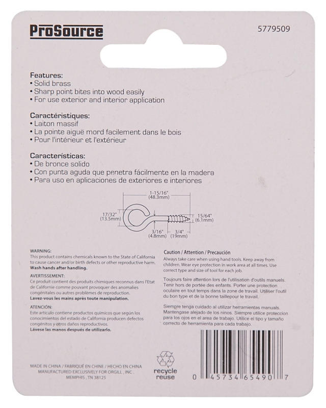 ProSource LR-240-PS Screw Eye, 4.8 mm Dia Wire, 6 mm Thread, 3/4 in L Thread, 1-15/16 in OAL, Brass, Brass Plated