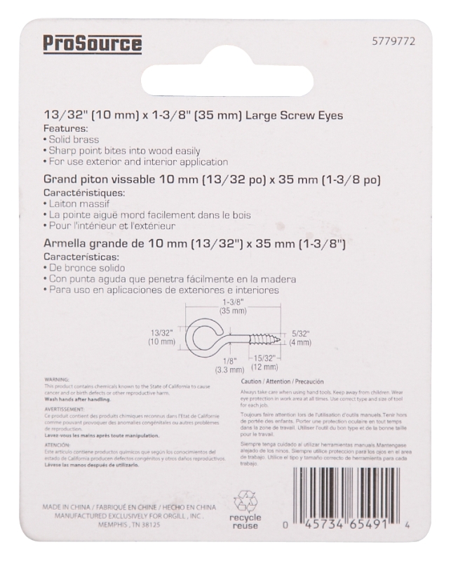 ProSource LR-242-PS Screw Eye, 4 mm Dia Wire, 4 mm Thread, 15/32 in L Thread, 1-3/8 in OAL, Brass, Brass Plated