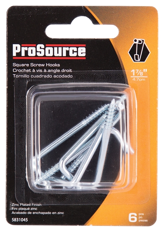 ProSource LR-398-PS Screw Hook, 9/16 in Opening, 3.8 mm Thread, 1-7/8 in L, Steel, Zinc