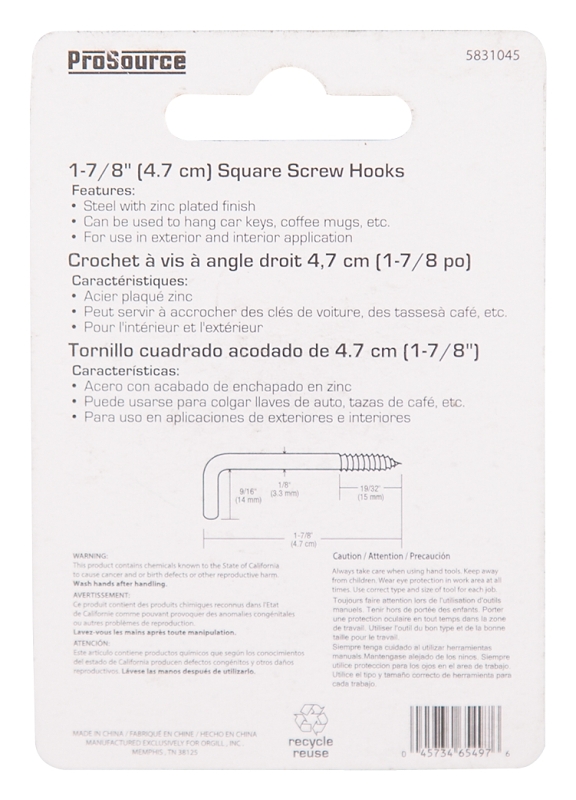ProSource LR-398-PS Screw Hook, 9/16 in Opening, 3.8 mm Thread, 1-7/8 in L, Steel, Zinc