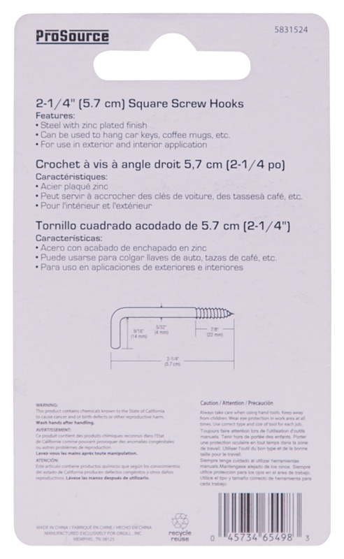 ProSource LR-397-PS Screw Hook, 9/16 in Opening, 4.5 mm Thread, 2-1/4 in L, Steel, Zinc