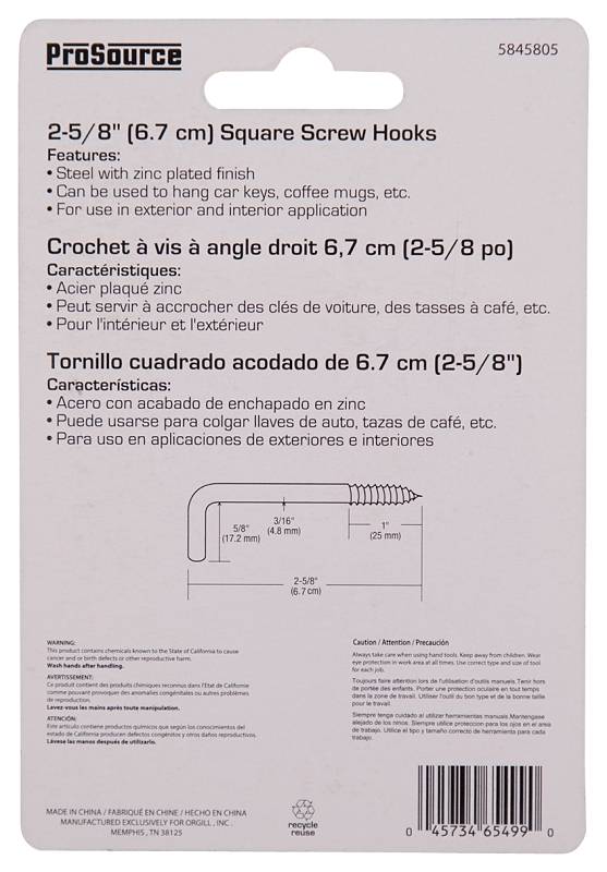ProSource LR-396-PS Screw Hook, 5/8 in Opening, 5.3 mm Thread, 2-5/8 in L, Steel, Zinc