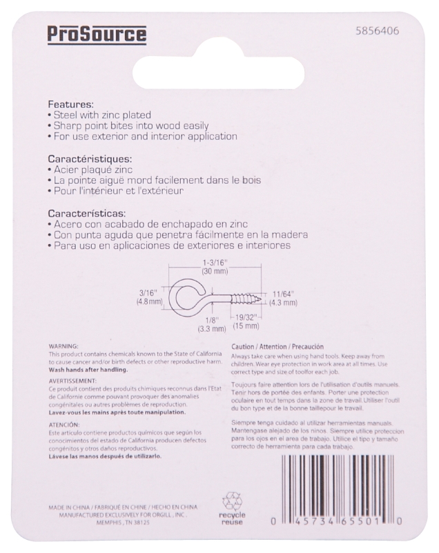 ProSource LR-225-PS Screw Eye, 3.3 mm Dia Wire, 4.3 mm Thread, 19/32 in L Thread, 1-3/16 in OAL, 57 lb Working Load