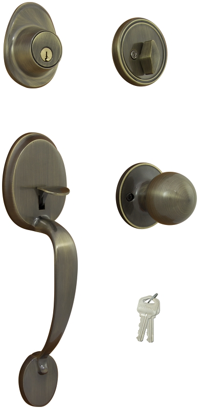ProSource Handleset, 3 Grade, Keyed Key, Brass, Antique Brass, 2-3/8 x 2-3/4 in Backset, KW1 Keyway