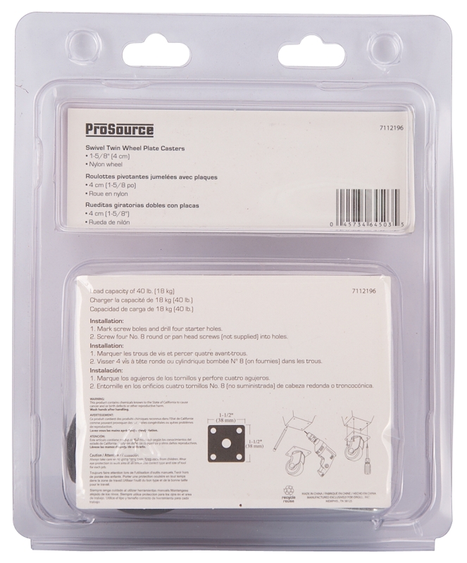 ProSource JC-F01-PS Caster, 1-5/8 in Dia Wheel, 1-5/8 in W Wheel, Nylon Wheel, Black, 40 lb, Steel Housing Material