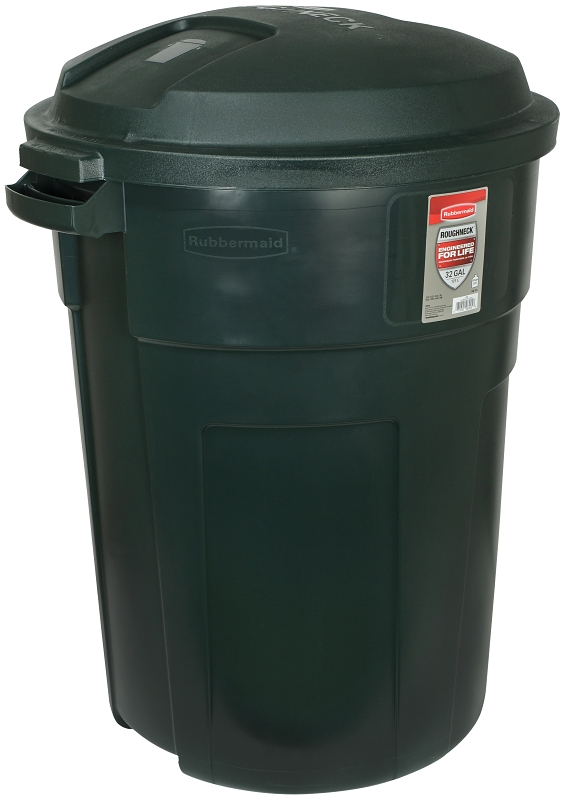 Rubbermaid FG289487EGRN Round Trash Can, 32 gal Capacity, Plastic, Evergreen, Snap-Lock Lid Closure