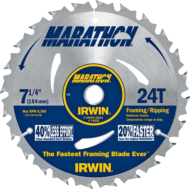 IRWIN MARATHON 24030 Circular Saw Blade, 7-1/4 in Dia, 5/8 in Arbor, 24-Teeth, Carbide Cutting Edge