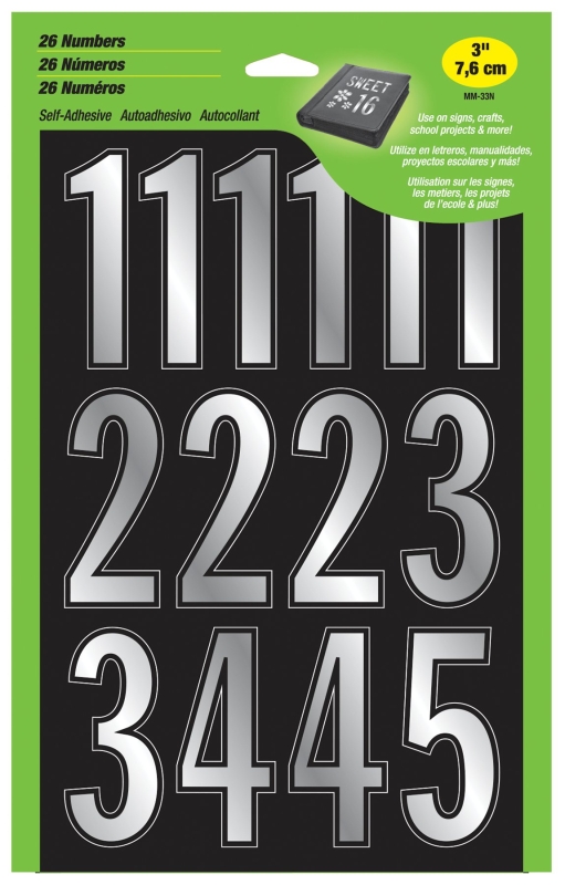 Hy-Ko MM-33N Prism Number Set, 3 in H Character, Silver Character, Vinyl
