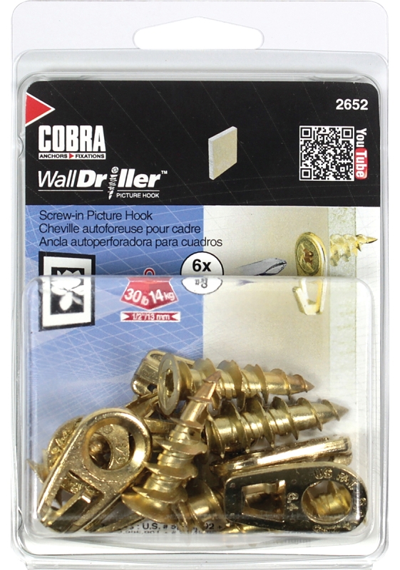 Cobra Anchors 2652 Picture Hook, 30 lb, Zinc, Brass, #8 Opening, 6/PK