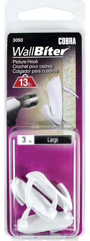 Cobra Anchors WallBiter 3050 Picture Hook, 13 lb, White, 3/PK