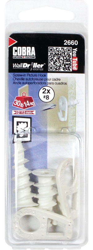 Cobra Anchors 2660 Picture Hook, 30 lb, Nylon, White, #8 Opening, 2/PK