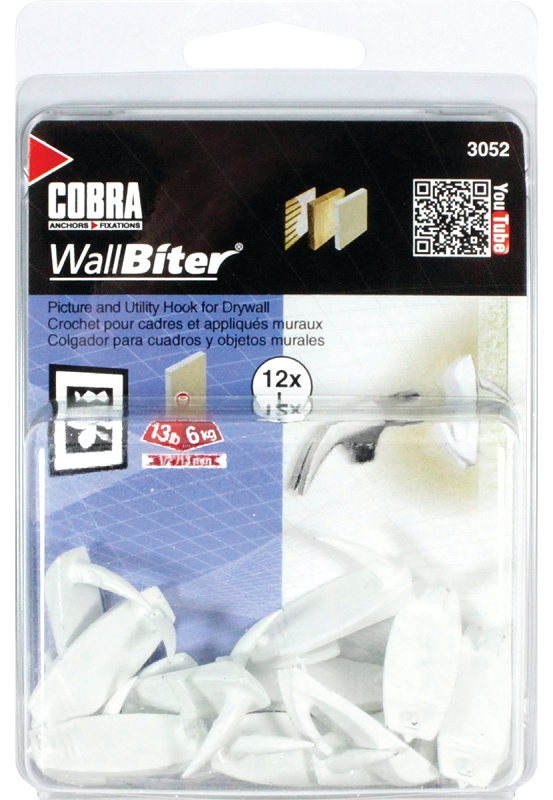 Cobra Anchors WallBiter 3052 Picture Hook, 13 lb, White, 12/PK