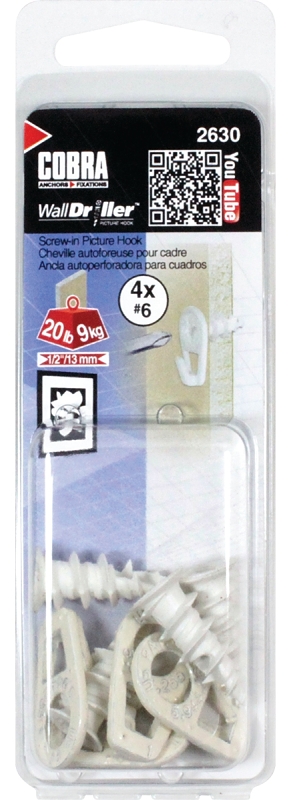 Cobra Anchors 2630 Picture Hook, 20 lb, Nylon, White, #6 Opening