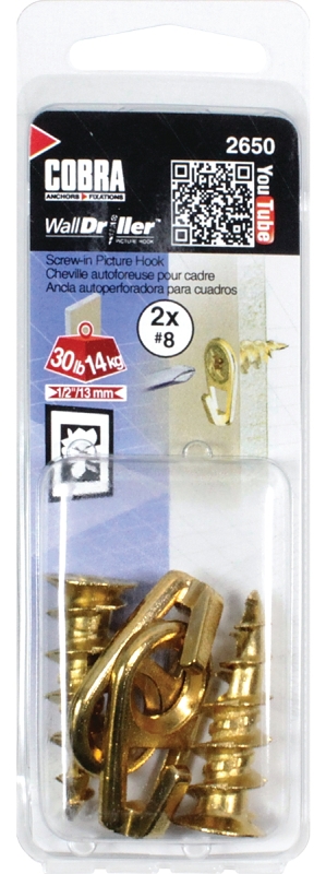 Cobra Anchors 2650 Picture Hook, 30 lb, Zinc, Brass, #8 Opening, 2/PK